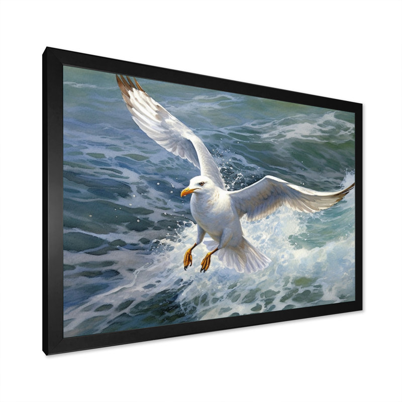 «Watchful Seagull IV», art mural sur toile, H 16 po x l 32 po x P 1 po, Cadre simple noir