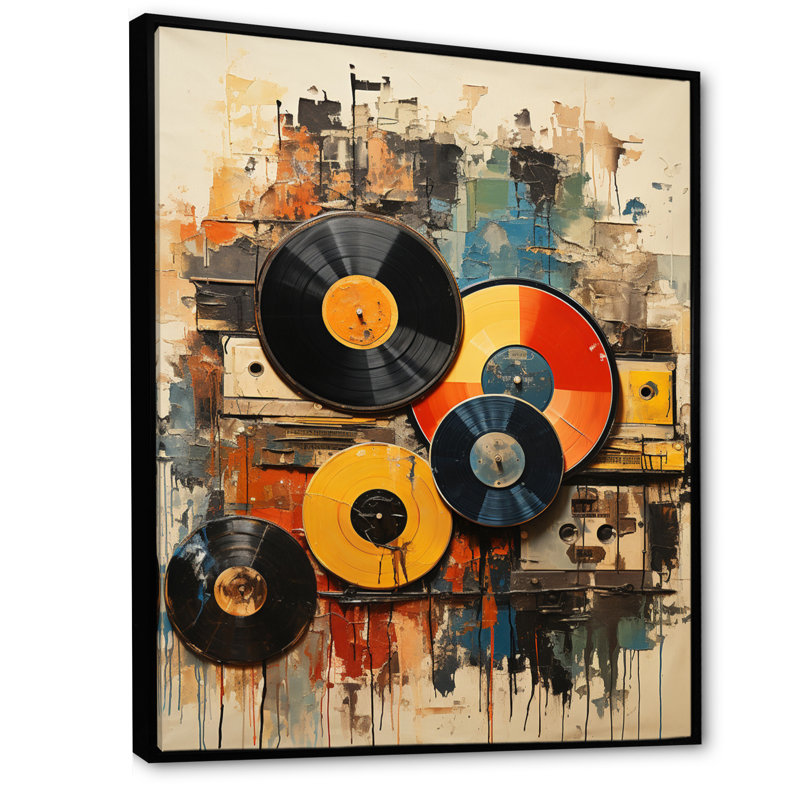 Vinyle, disque vinyle rétro I - impression sur toile, disques vinyle, Cadre flottant noir, H 32 po x l 16 po x P 1 po