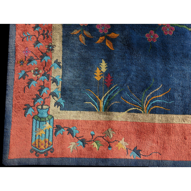Antique Floral Wool Hand Knotted Pile Blue 1920s Rug