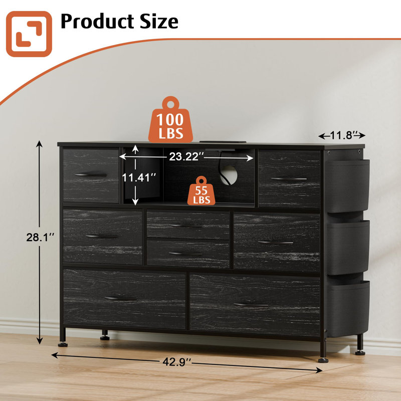 Meuble télé pour chambre avec prises électriques Mikayle, Grain de bois noir
