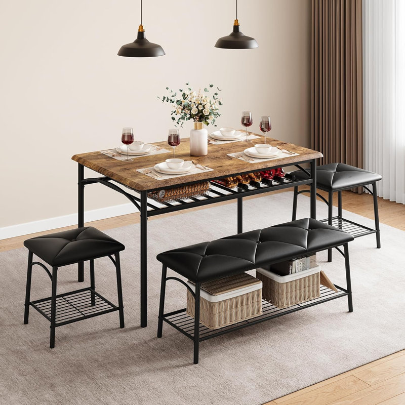 Ensemble de table de salle à manger pour 4 personnes, ensemble de table de cuisine avec banc rembourré et 2 tabourets carrés, structure en métal avec tablettes de rangement, peu encombrant pour les appartements, salle à manger, petits espaces