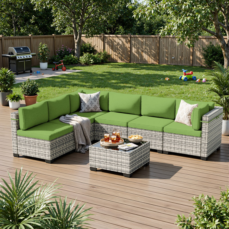 Ensemble de canapé modulaire d'extérieur 7 pièces avec osier en PEHD, coussins et table basse, ensemble de conversation modulaire pour patio