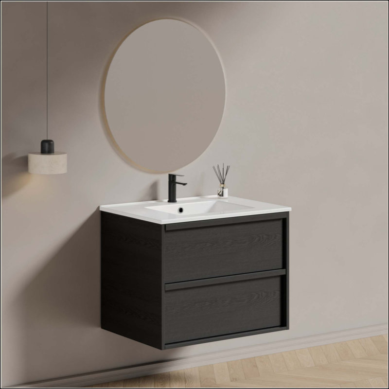 Meuble-lavabo de salle de bain avec lavabo en céramique - Meuble-lavabo mural flottant cannelé avec tiroirs, moderne, 32"