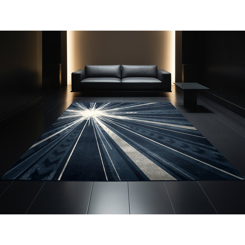 Machine Washable Orlena Art Deco Starburst Rug in Gray – Navy Binding, 8 x 12