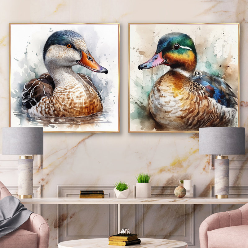 Magnificent_Male Duck - Animal Duck Square Collage Set Of 2, 30" H x 61" W, Black Floater Framed