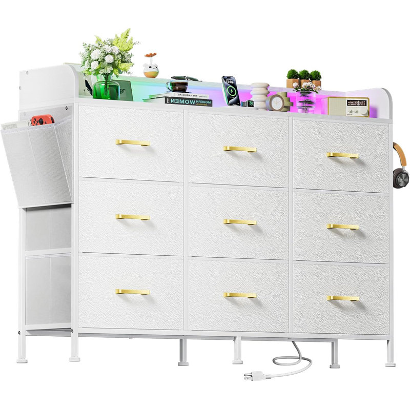 White Dresser for Bedroom with LED Lights Charging Station, 9 Drawers Long Dresser, Wide TV Stand