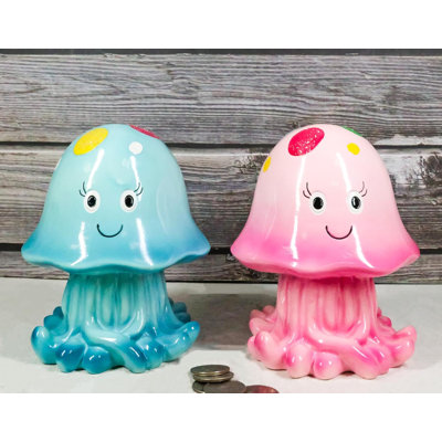 Set Of 2 Whimsical Marine Blue And Pink Sea Jellyfish Money Savings Piggy Banks