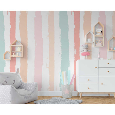 Murale rayée pastel pour enfants | Papier peint rose avec motif de pinceau rose et pêche | Non-tissé ou pelez et collez