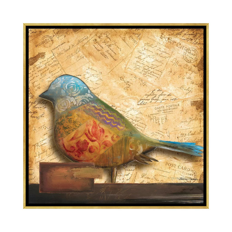 Impression d’art graphique, "Bird of collage I" par Patricia Pinto, H 37 po x l 37 po x P 1,5 po, Toile encadrée d'or