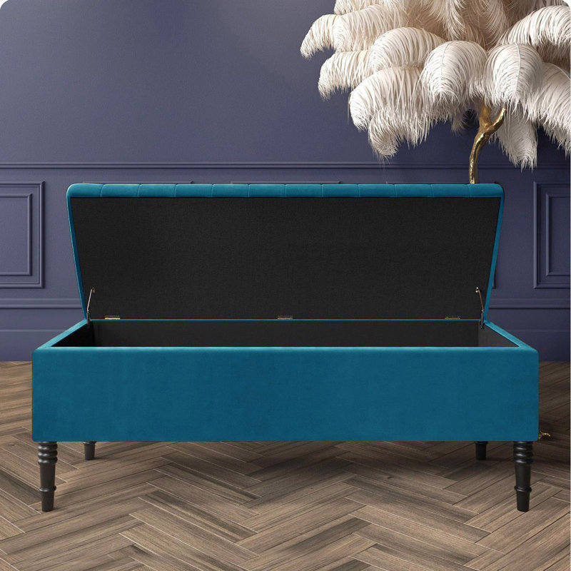 Paris Striped Ottoman Storage Bench - Upholstered Plush Velvet Shoes Bench with Black Turned Wooden Legs, Emerald Green