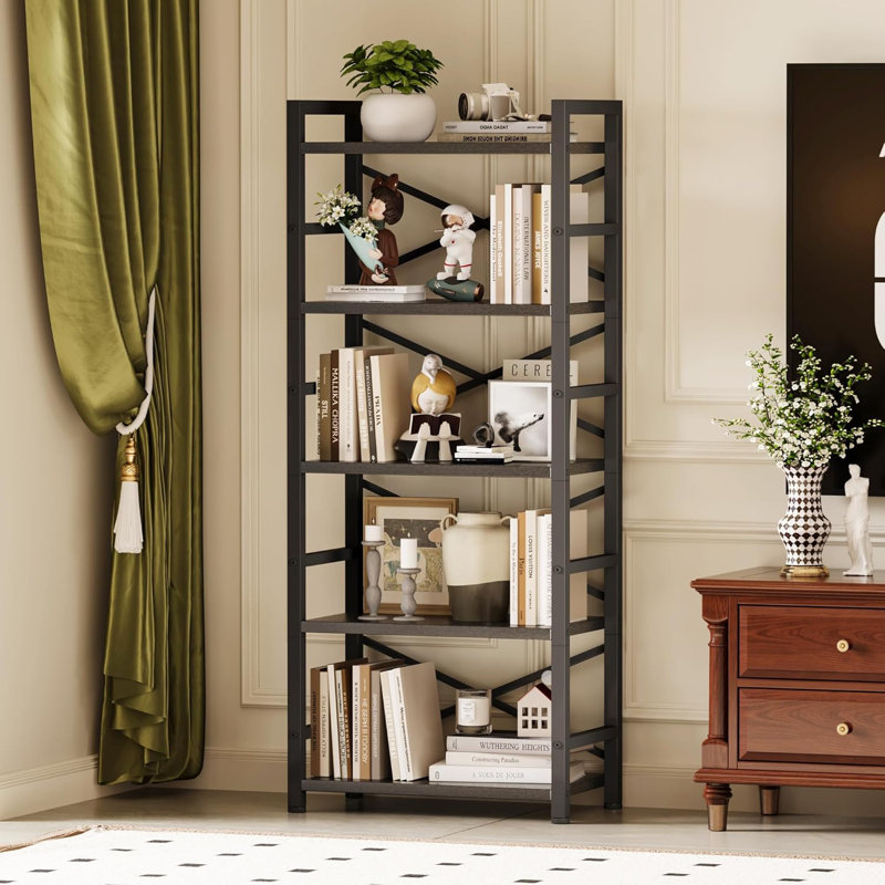 5-Tier Bookshelf With Removable Fabric Drawer, Tall Narrow Bookcase For Home & Office, Industrial Wooden Display Shelves With Edge Protection & Anti-Tip Strap