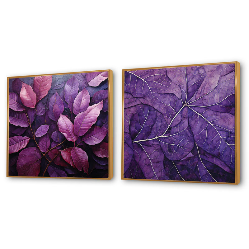 Ensemble de 2 feuilles de collage minimalistes à motif de veines violettes - feuilles, Cadre flottant doré, H 36 po x l 73 po
