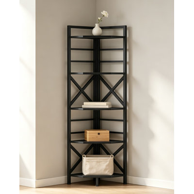 Grande étagère d'angle avec rangement à 5 niveaux, bibliothèque d'angle industrielle avec structure en métal et support en X pour le salon, la chambre à coucher, la cuisine, le présentoir en bois d'ingénierie