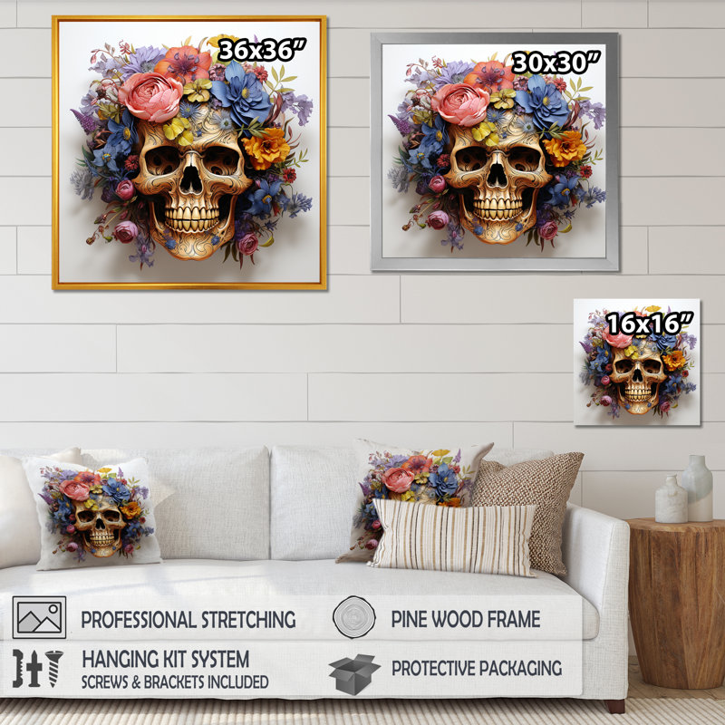 Motif floral crâne à la mode en or I - art mural mode crâne, Cadre flottant noir, 36" H x 36" W