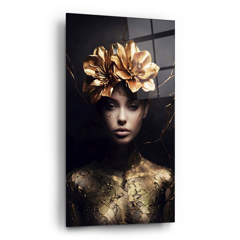 Art mural en verre épique «Gold Goddess» par Rich Monet, 12 po x 24 po, H 24 po x l 12 po