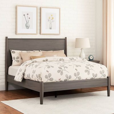 Lit plateforme en bois de style moderne gris Mid-Century, sans sommier, pieds ronds effilés, ensemble de lattes, rapport sophistiqué attrayant pour la chambre à coucher
