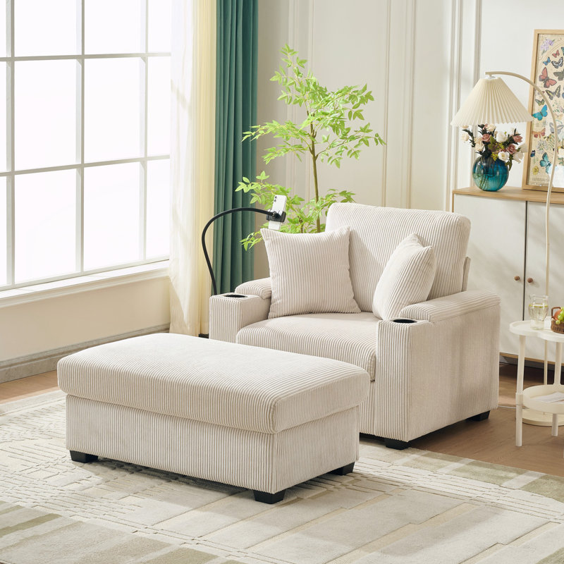 Chaise longue d'intérieur avec repose-pieds et rangement, Beige