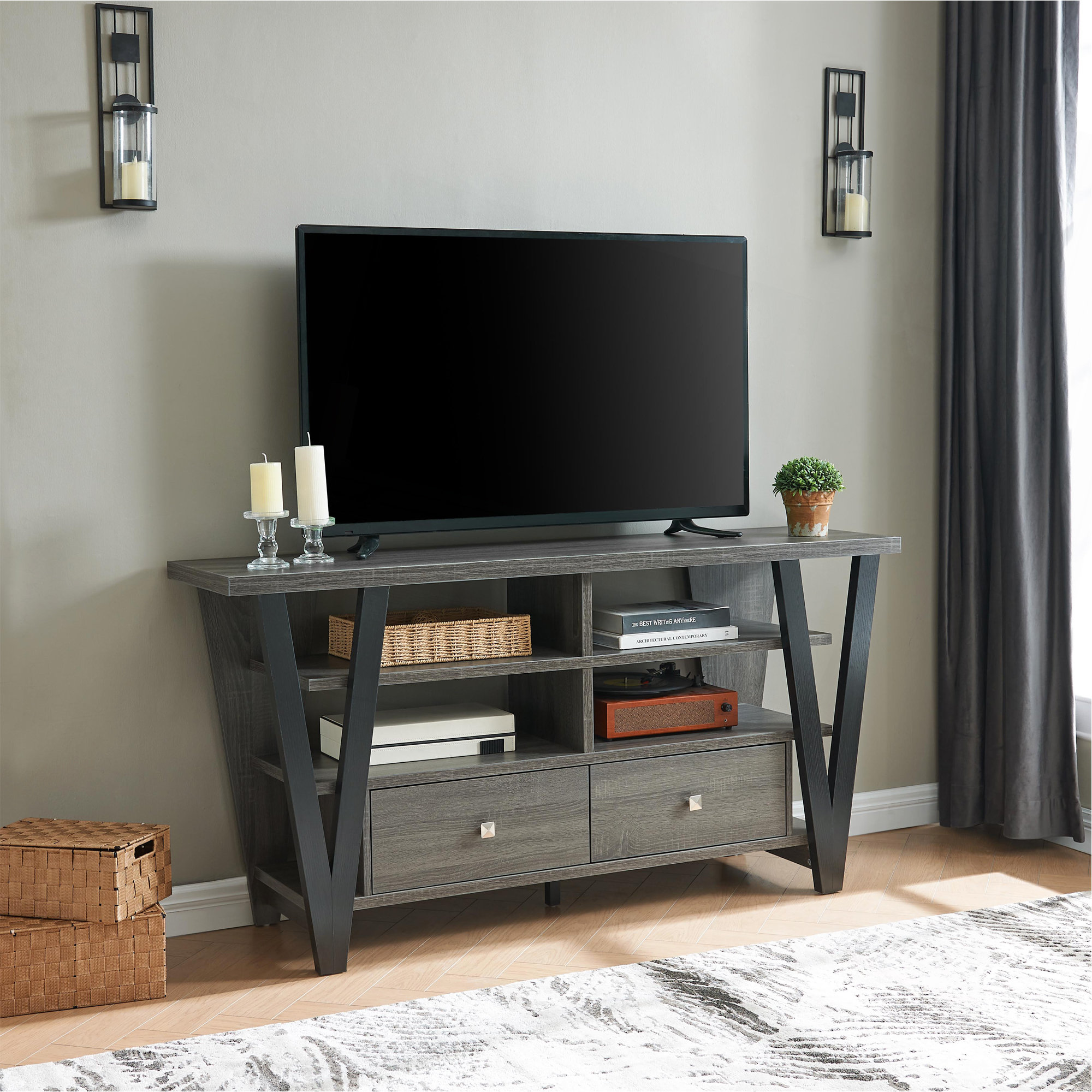 17 Stories Tall TV Stand Cabinet With Two Drawers On Metal Glides Metal ...
