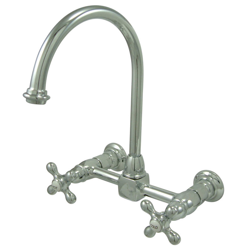 Kingston Brass Restoration Double-Handle 2-Hole Wall-Mount Bridge Kitchen Faucet, Polished Chrome