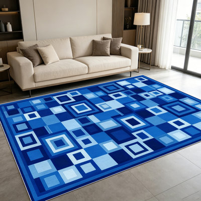 Tapis à motif géométrique carré bleu 1PC pour le salon, doux et confortable, adapté à toutes les saisons, facile à entretenir, lavable à la machine, tapis sous la table convenant à la salle à manger, la chambre à coucher, l'entrée, le bureau à domicile, le patio,