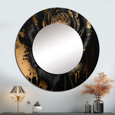 Quartis noir et doré rose II - miroir mural rose, miroir décoratif rond noir, impression d'art en métal