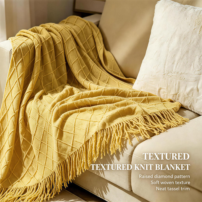 Acrylic Tassel Throw Blanket., Yellow, 152 x 203cm