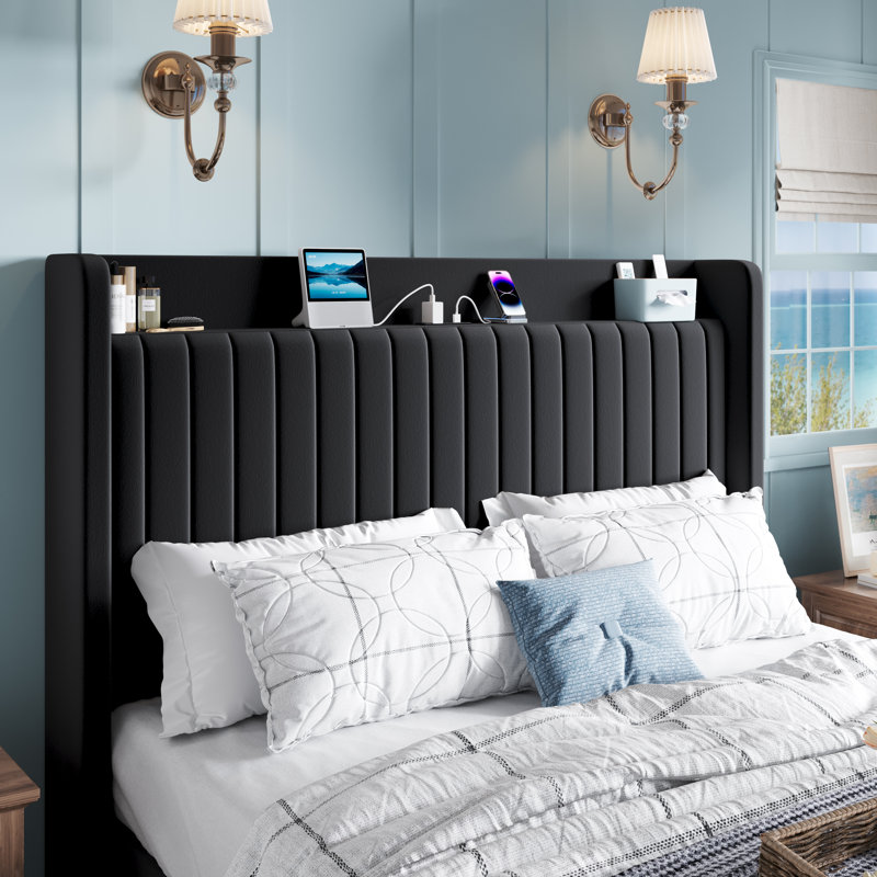 Hydraulic Lift Up Storage Upholstered Platform Bed With Shelf And Charging Station, Black, Queen