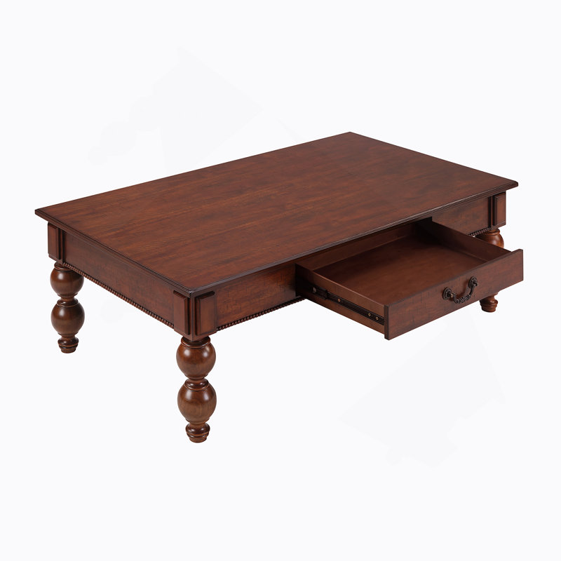 Table basse rectangulaire en bois rétro avec tiroir de rangement et gourde en bois massif - Pieds en forme d'assemblage sans outils pour le salon