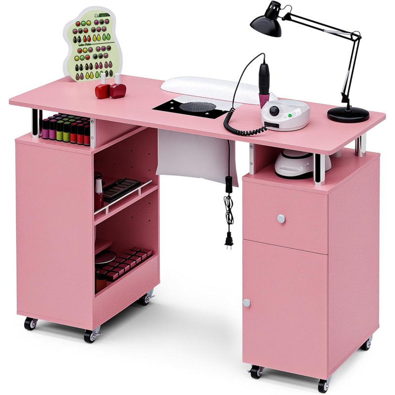  Bureau à clous professionnel Kylan avec dépoussiéreur, coussin chauffant et multi-rangements, Rose