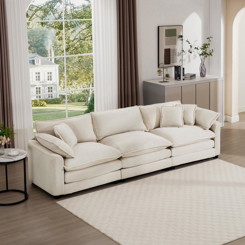 Canapé modulaire Mid-Century 3 places - Canapé en velours côtelé avec coussins, Beige