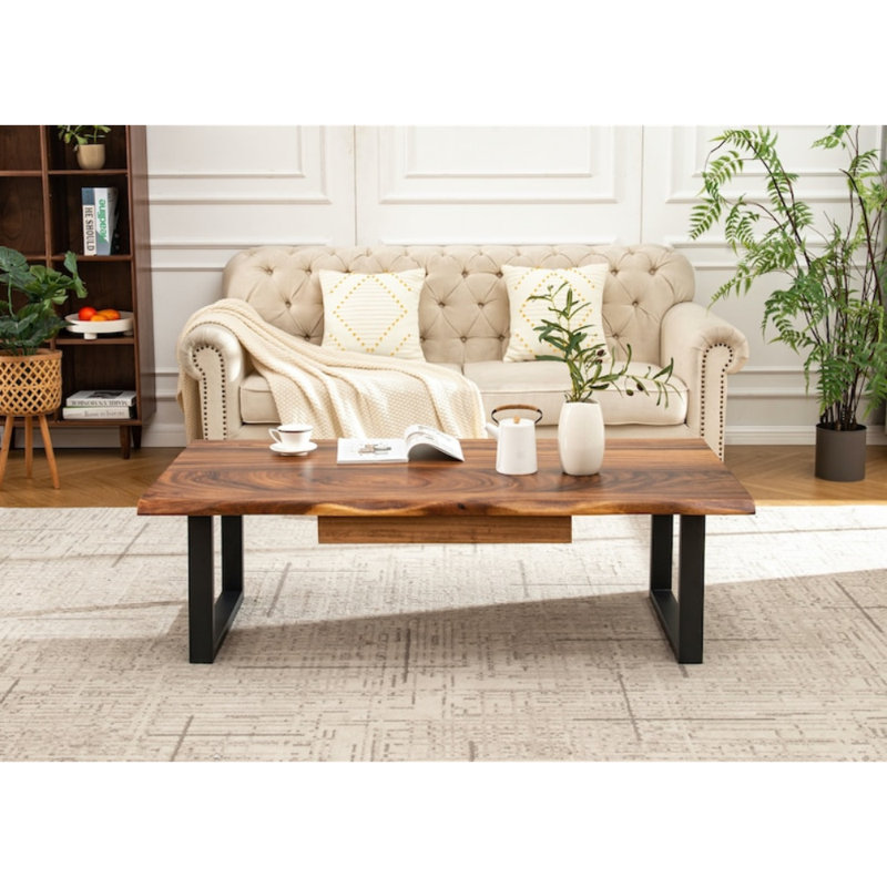  Live Edge Coffee Table with U Shaped Legs and South American Walnut, with Drawer Storage, 17.5" H x 58" L x 28" W