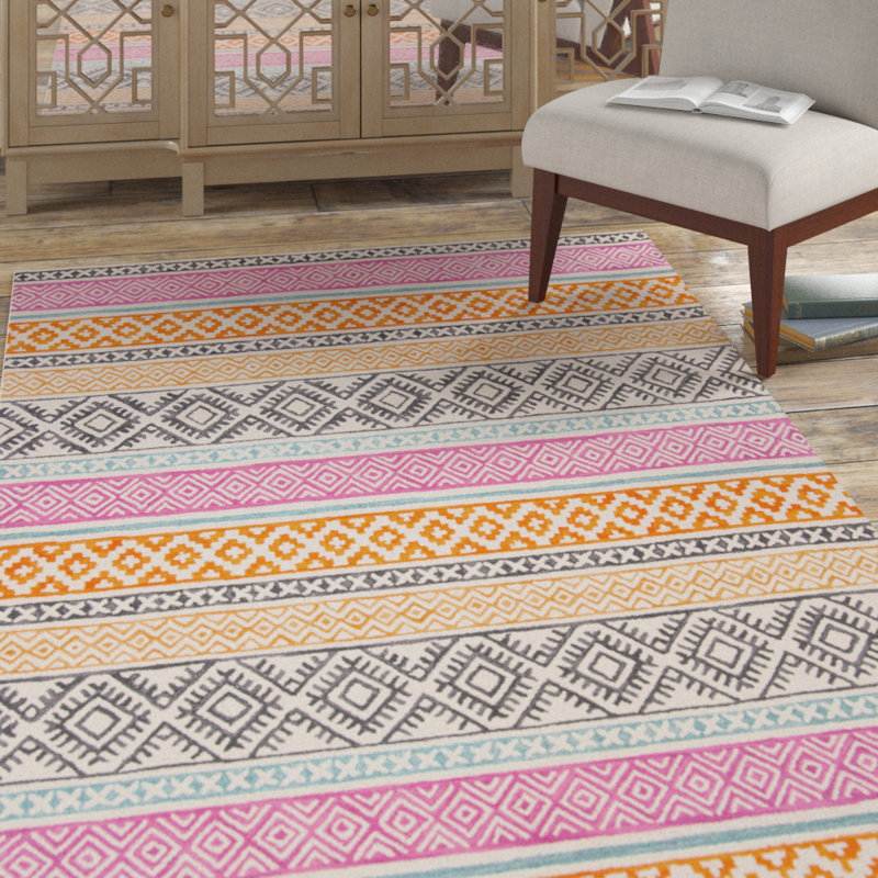 Lobdell Hand Tufted Wool/Cotton Geometric Rug in Ivory/Rust, Rectangle 4' x 6'