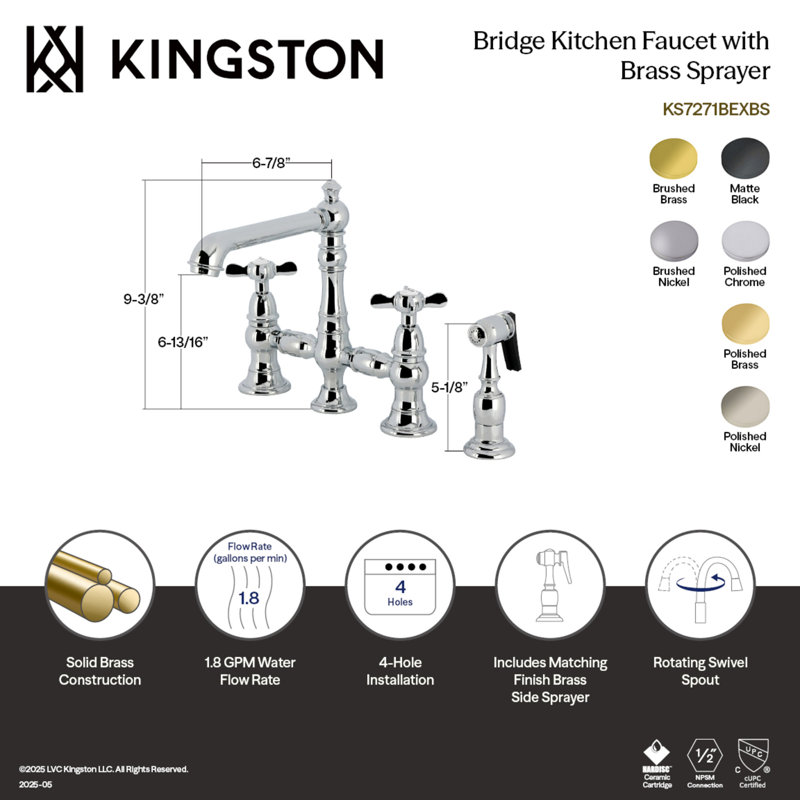 Kingston Brass Essex Two-Handle 4-Hole Deck Mount Bridge Kitchen Faucet with Brass Side Sprayer, Polished Brass
