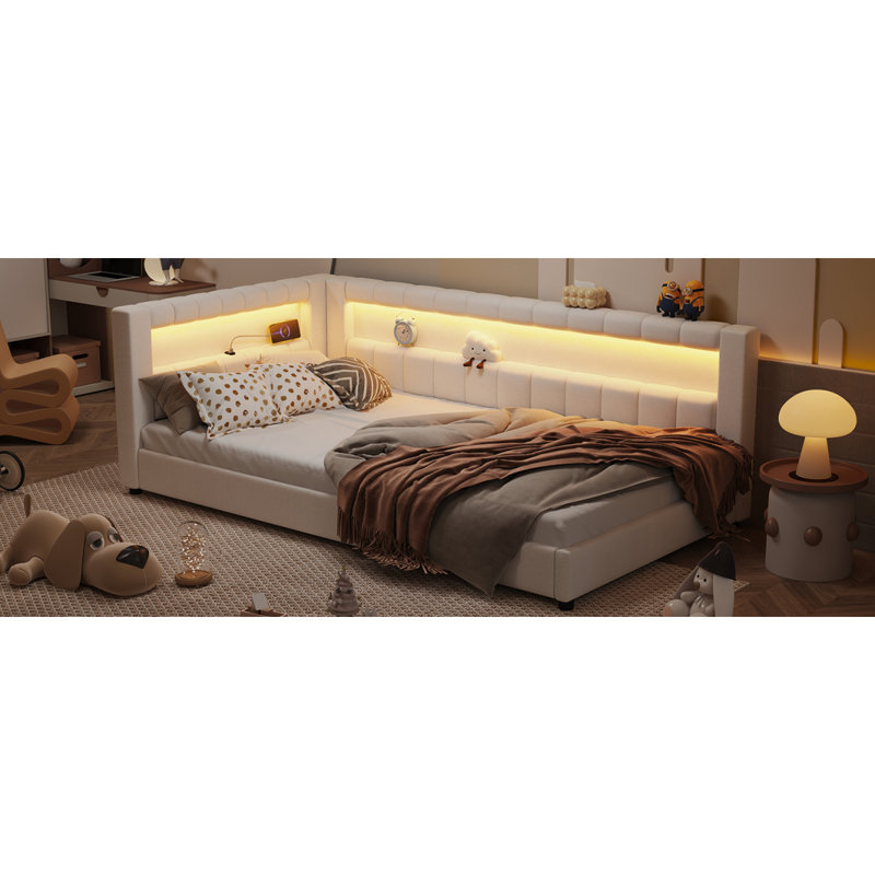 Lit plateforme tapissier simple avec ports USB et ceinture à DEL, blanc crème, Lit simple
