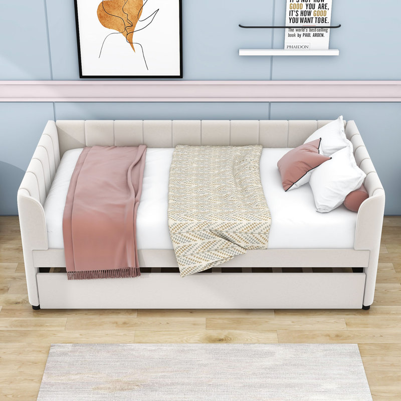 Twin Upholstered Daybed with Backrest and Trundle, Beige