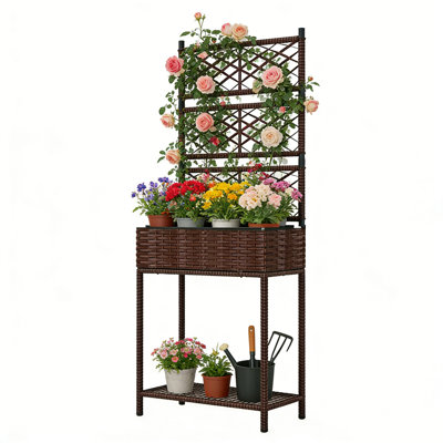 Outdoor Raised Garden Planter With Trellis & Storage Shelf, Pe Rattan Plant Stand