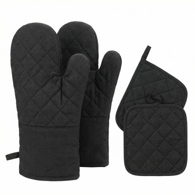Black Heat Resistant Oven Mitts & Pot Holders Set (2 + 2) - Non - Slip for Baking, Hot Pan Handling, Kitchen Organization