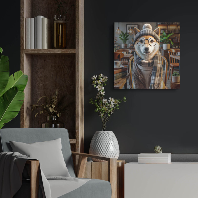 «Hipster Dog - Shiba Inu» par Rey Klimt, art mural en métal, H 12 po x l 12 po