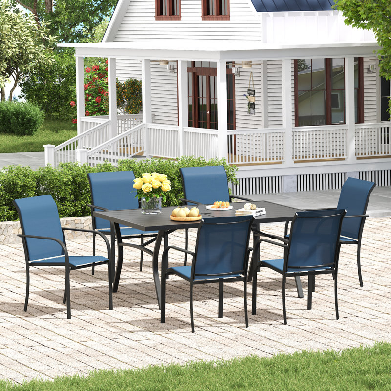 6-Person Patio Dining Set with 63" Rectangular Dining Table and 6 Stackable PVC-coated polyester Chairs, Blue