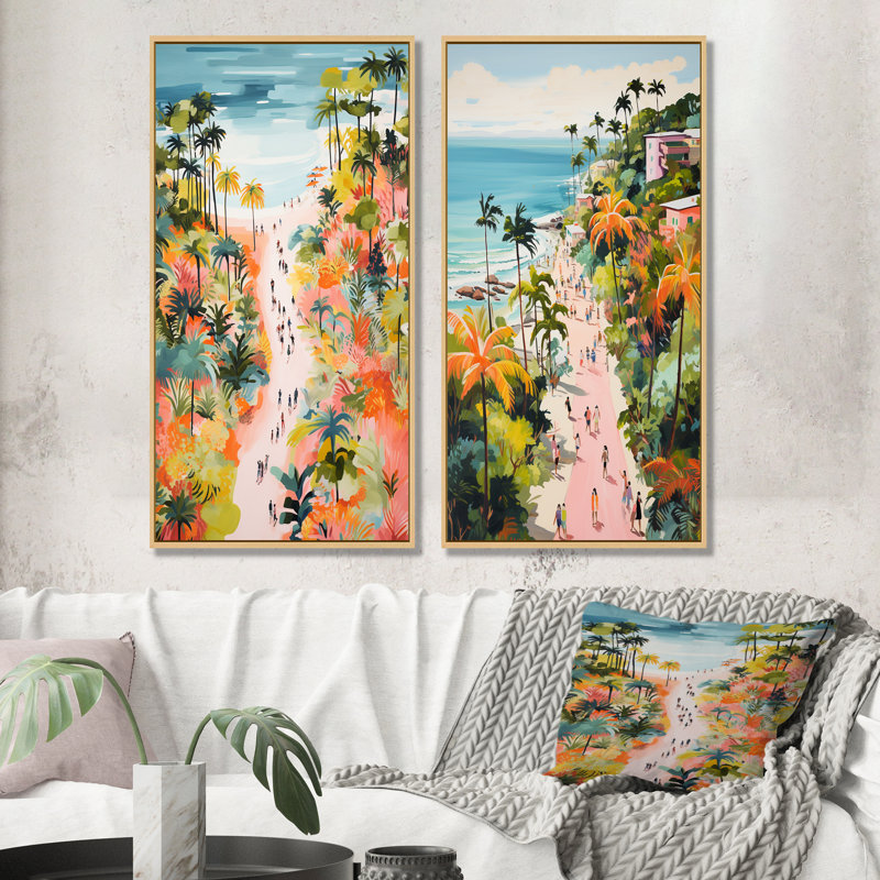 Scène de plage côtière paradis en couleur pastel II - ensemble de 2 décorations murales de plage côtière, H 28 po x l 25 po