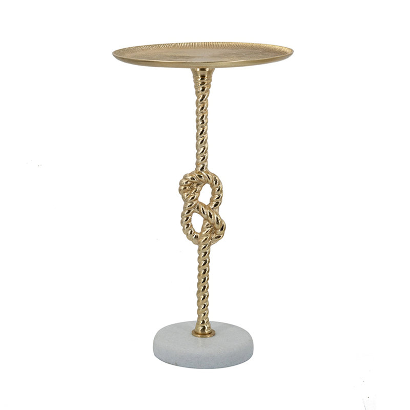 Table d'appoint dorée 13,8 x 13,8 x 24 po avec nœuds en corde et base en marbre blanc