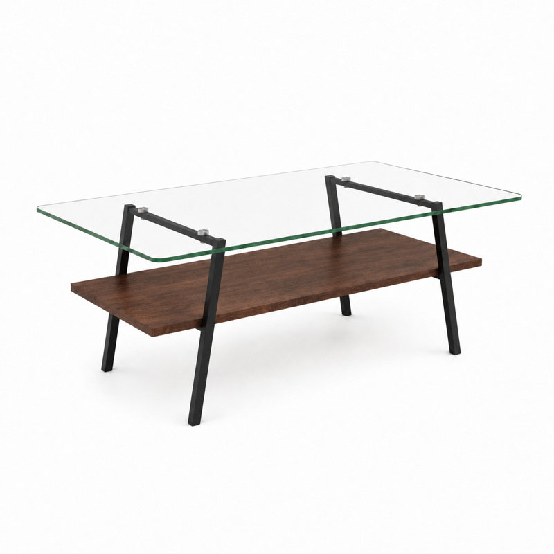 Table basse moderne en verre rectangulaire avec tablette en bois et structure en métal, table de salon moderne, Transparent
