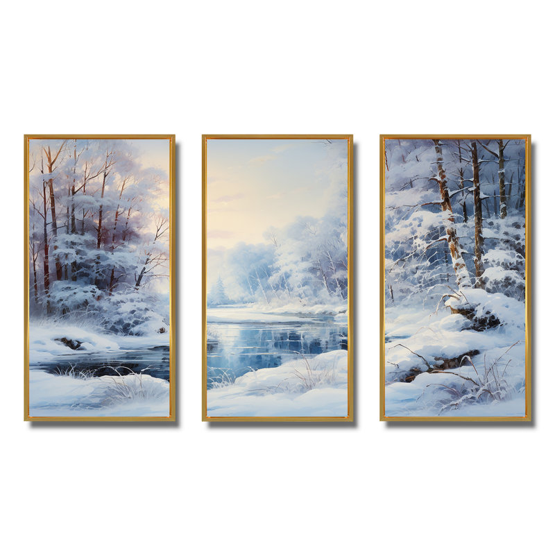 Winter River Window View II - Winter Landscape, art mural, H 32 po x l 48 po x P 1 po, Cadre flottant doré