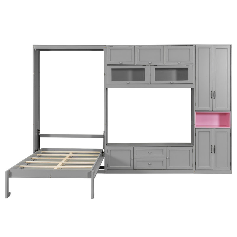Lit escamotable simple en bois avec meuble télé, 2 tiroirs, tablettes et armoires, gris, Gris