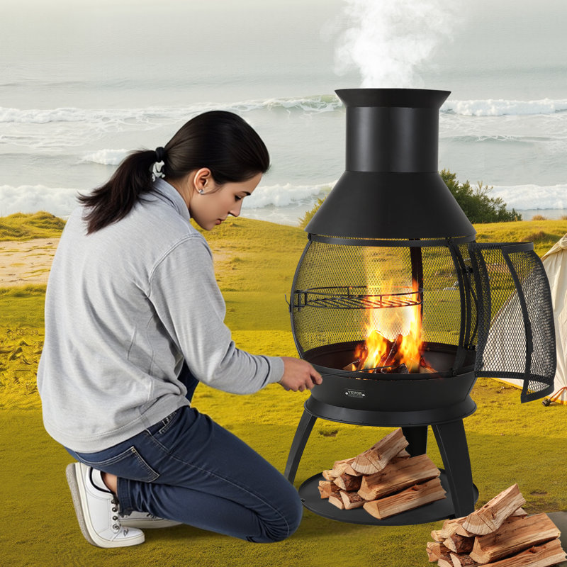 Chiminea Outdoor Wood Burning Iron Firepit with Grill Mesh & Chimney Coat