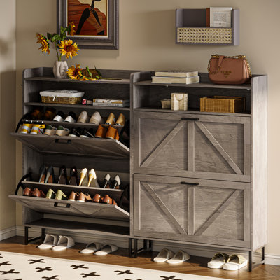 20-Pair Shoe Storage Cabinet with 2 Flip-Down Drawers, 2 Shelves & Adjustable Shelves, Side Hooks（Set of 2）