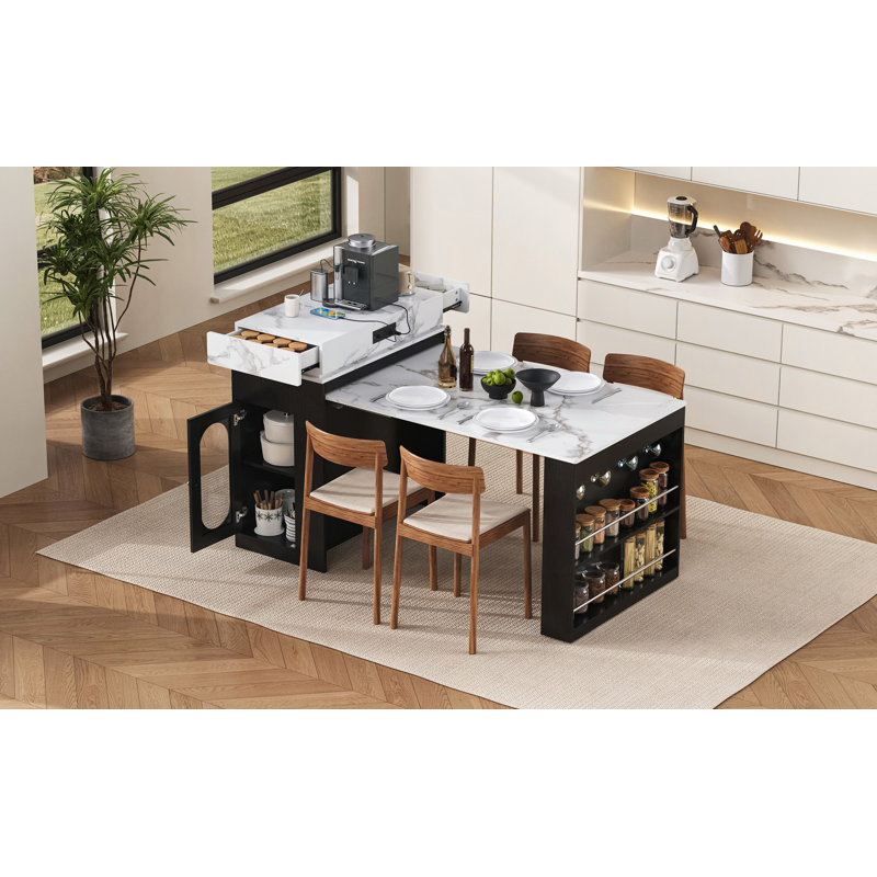 Table de salle à manger extensible avec plateau pliable, table de bar avec tiroirs et prise de courant, îlot de cuisine avec roulettes et crochets, buffet pour la cuisine et la salle à manger