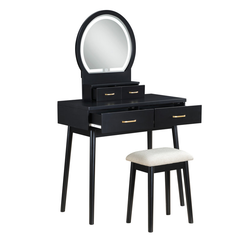 Meuble-lavabo exquis et fonctionnel avec finition noire, 4 tiroirs, miroir à DEL, tabouret pour commode de style chambre à coucher de luxe