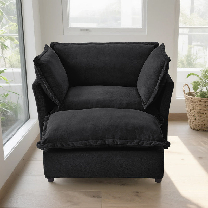 Fauteuil d'appoint moderne en chenille avec repose-pieds et coussins, Noir