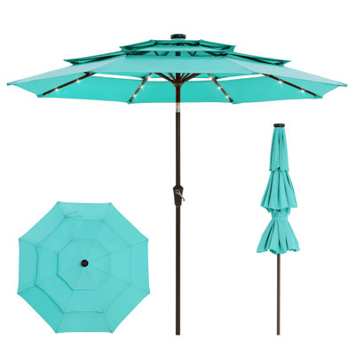 Parasol de marché extérieur à 3 niveaux 9 pi avec lumières solaires à DEL, 8 baleines robustes, résistant au vent et aux rayons UV pour la terrasse, la piscine et la cour